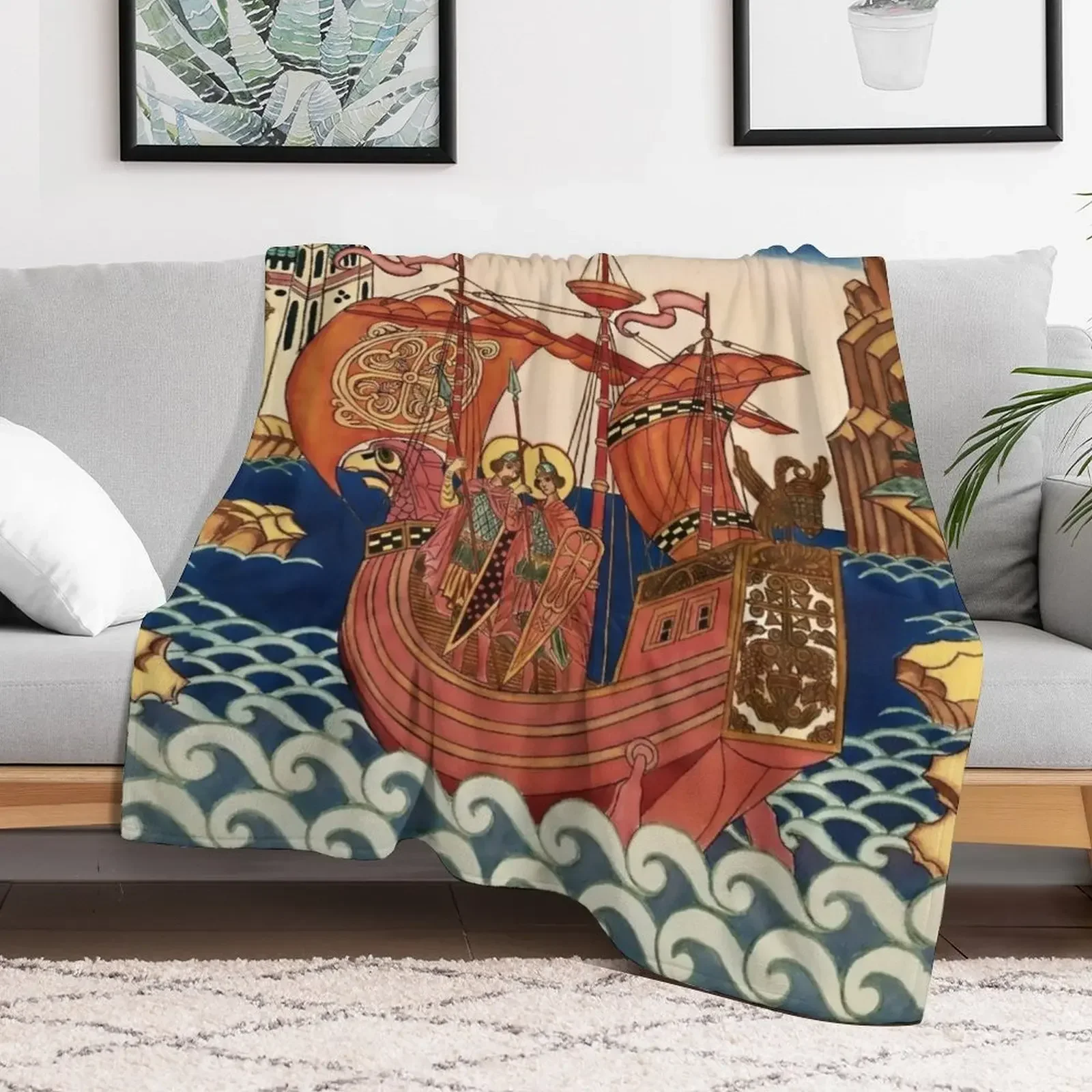 Saints on the Ship by Ivan Bilibin Throw Blanket Decorative Sofas Bed linens Luxury Brand Blankets