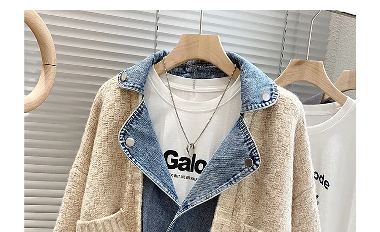 Fashion Stitching Denim Jacket Sweater Women\'s Loose Thickened Knitted Cardigan Top 2023 Spring New Female Clothing