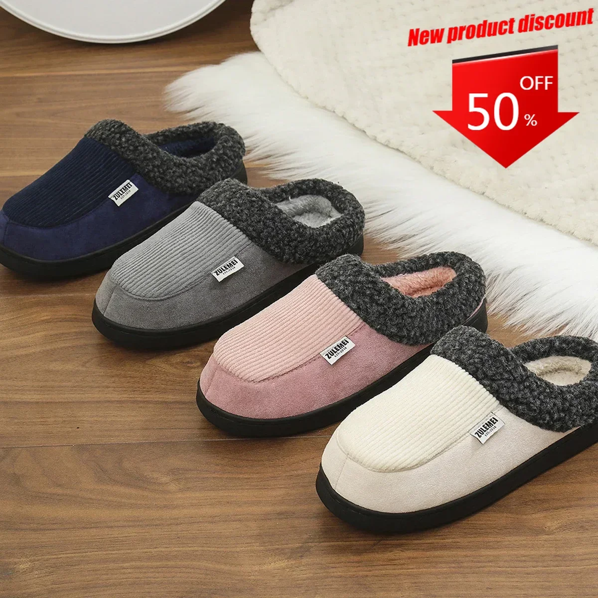 Winter Men Cotton Shoes Warm Fleece Lined Outdoor Fashion Fuzzy Slides Indoor Antiskid Short Plush Female House Slippers