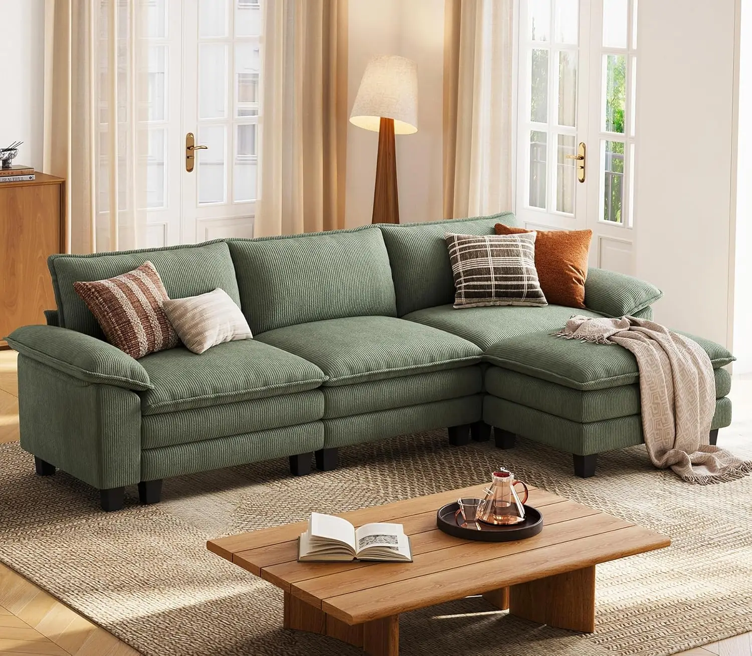

Sectional Sofa - 123'' Oversized Corduroy Cloud Couch L Shaped Couch with Movable Ottoman Soft Modern Comfy Sofa , Green