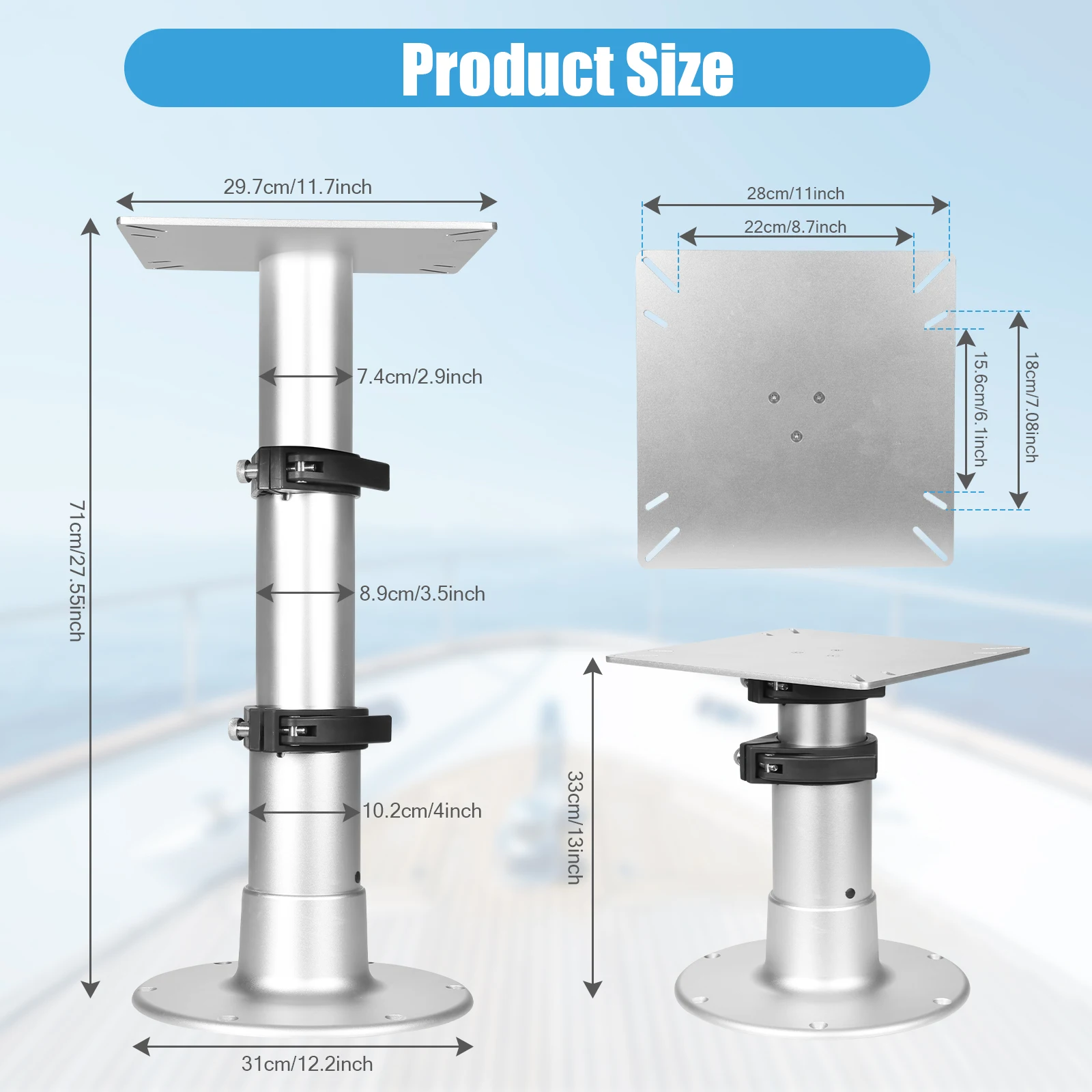 

RV Table Pedestal Stand Detachable 3-Level Telescopic Aluminum Alloy 13-28 Inch Height Range with Gas Lift for Marine Boat Yacht