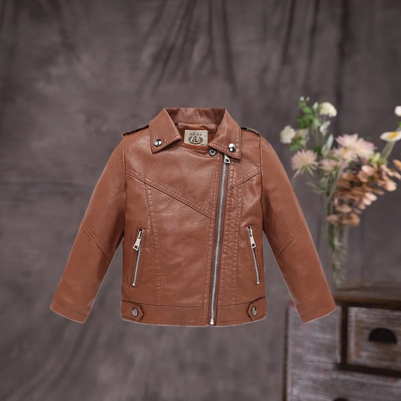 Teen Kids Street Photography Wear Boys Coffee Christmas Motorcycle Pu Leather Jacket Children NEW Year Waterproof Windproof Coat