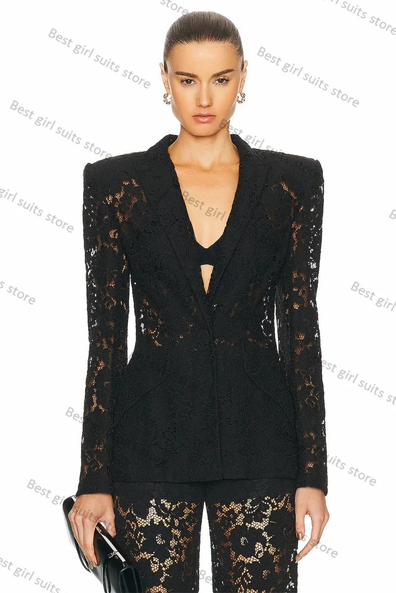 Black Lace Women Suit Set 2 Piece Blazer+Pants Formal Office Lady Jacket See Through Customized Autumn Spring Coat Prom Trousers