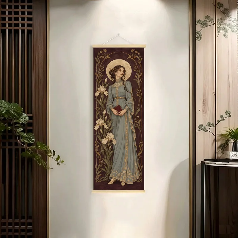 Four Elegant Maidens Hanging Scroll with Floral Details and Golden Halos in a Burgundy Nouveau Style for a Living Room