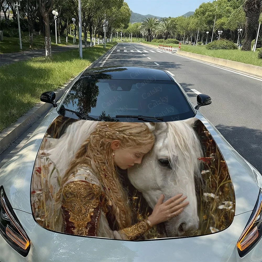 Princess Horse Car Hood Sticker PVC Self Waterproof Stick, Striking Auto Exterior Accessories Decor Protect Gift for Car Lover