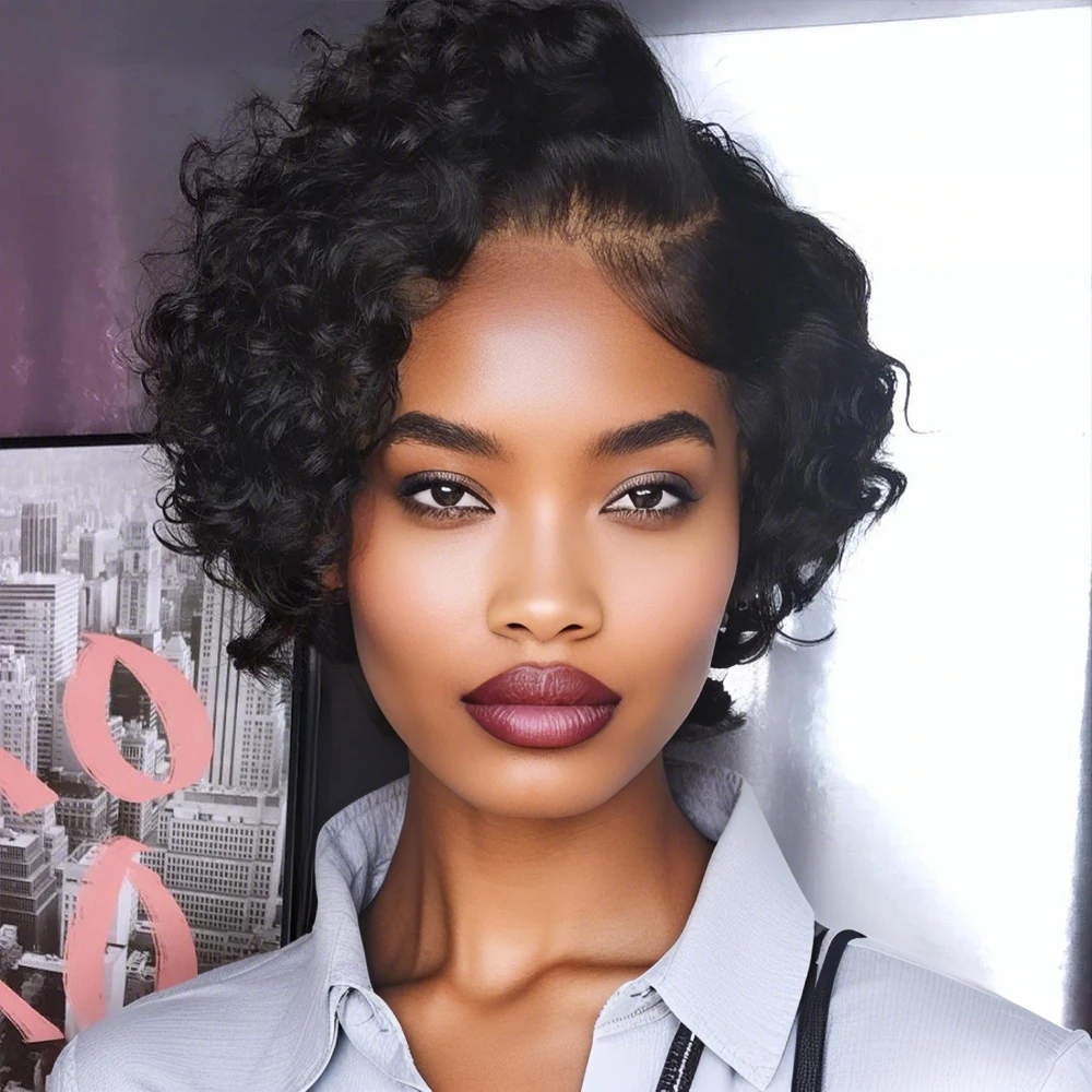 قصيرة بوب شعر مستعار عابث قطع أسود اللون شعر بشري مجعد الباروكات للنساء 13x4x1 T جزء الدانتيل موجة عميقة شعر مستعار الدانتيل