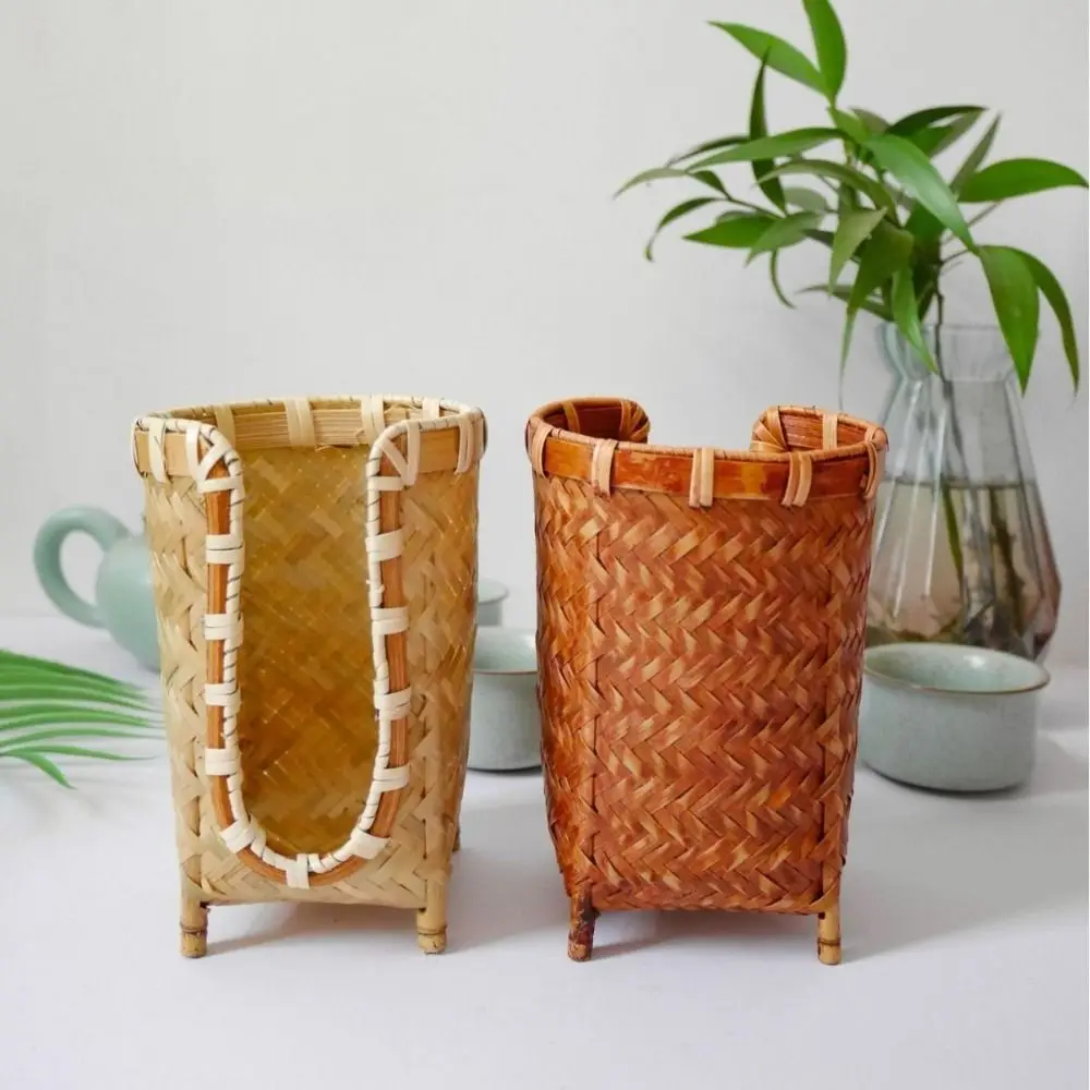 

Bamboo Woven Cup Holder Rack Retro Japanese-style Tea Cup Storage Basket Handmade Space Saving Paper Cup Dispenser Tea Ceremony