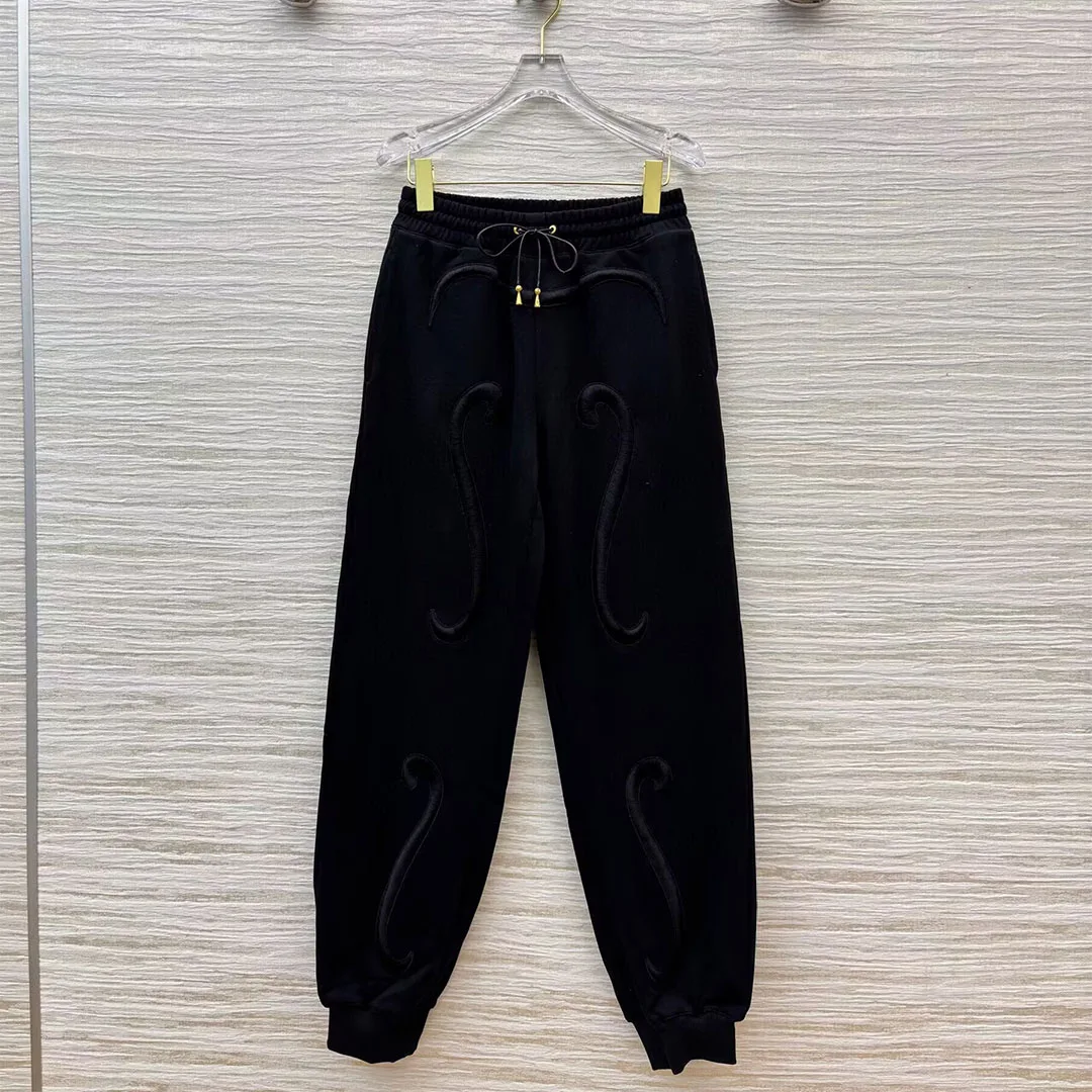2025 New Autumn Embroidery Cotton Sweatpants Women Trousers Metal Drawstring Elastic High Waist Solid Color Casual Loose Pants