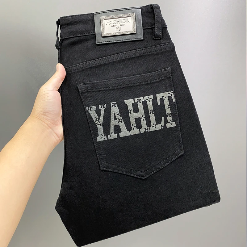 Autumn and Winter Black Jeans Men's Fashionable Printed Versatile Fashionable Simple Casual Stretch Non-Fading Trousers