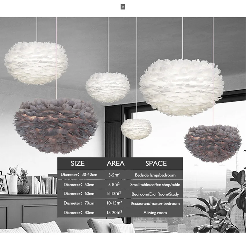 SANDYHA Modern Feather Hanging Lamp Couple Bedroom Pendant lighting Luxury Living Room Chandelier with Feathers Lampshade Light