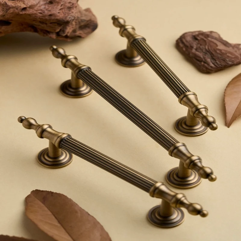 Light Luxury Retro Brass Wardrobe Handle Creative Bronze Furniture Cabinet Striped Handle American Drawer Cabinet Handle