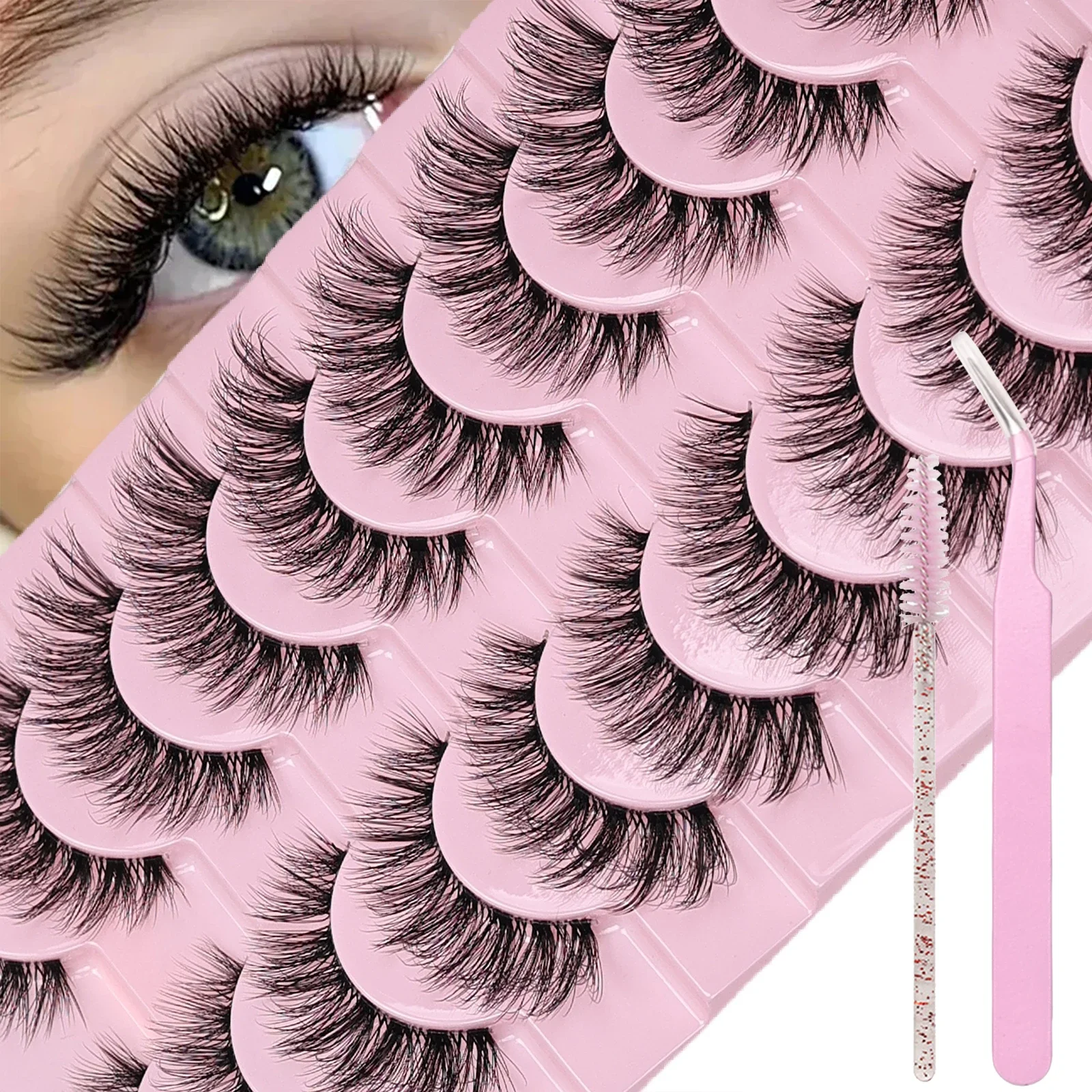 10 Pairs Cat Eye Lashes Eyelashes Clear Band Natural Fluffy Lashes Natural Look 3D Effect with Eyelash Brush and Tweezers