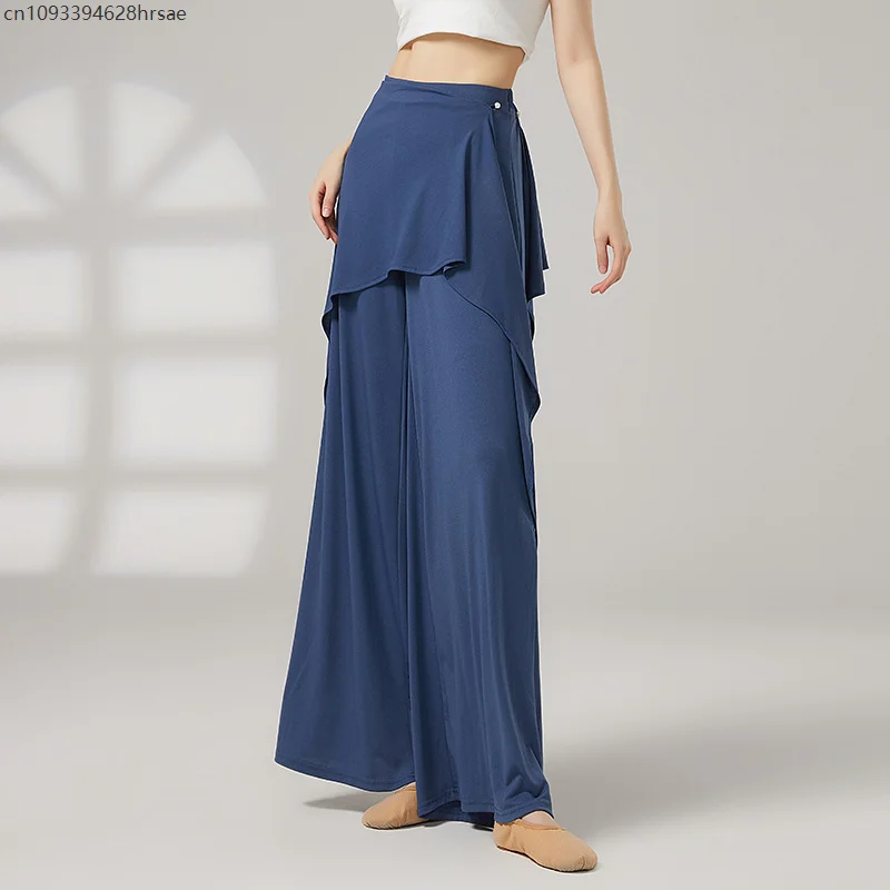 

Women Wide Leg Long Pant Spliced Wrap Skirt Elastic Waist Classical Dance Trousers Modern Practice Costume Stage Line Dancewear