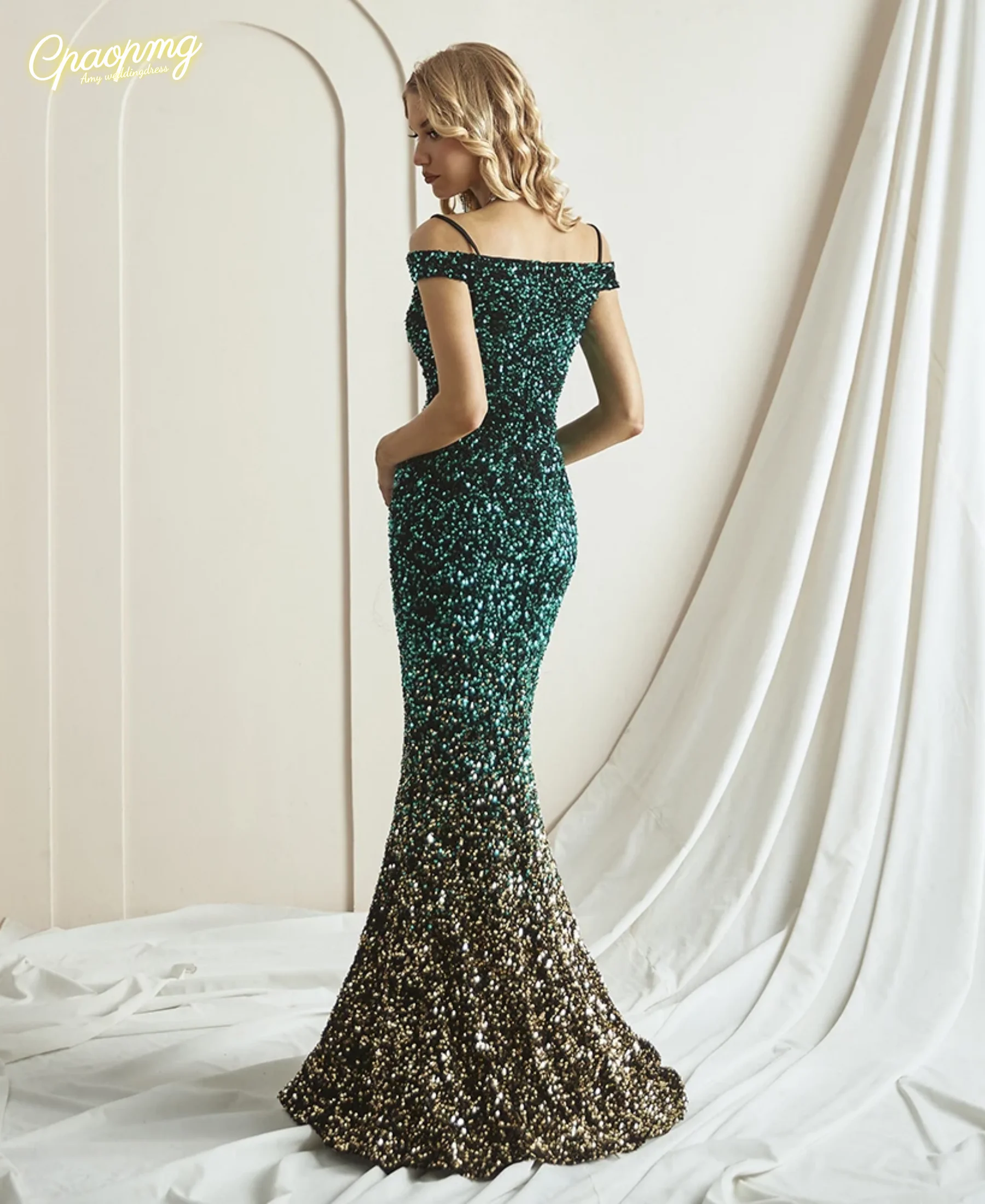 Customized Luxury Mermaid Evening Dress Off-Shoulder Sequin Women Elegant V-Neck Glitter Party Dress Green Gradient Formal Wear