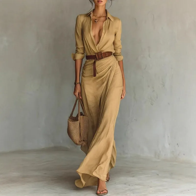 

Женское сексуальное длинное платье с глубоким V-образным вырезом, элегантное однотонное платье с поясом, нерегулярные вечерние платья, новые осенние тонкие повседневные платья с длинным рукавом