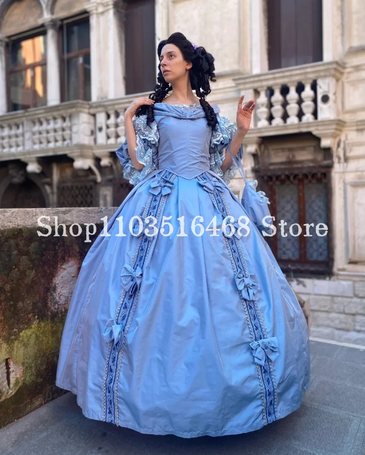 Vestidos de noche victorianos esponjosos azules, corpiño elegante, apliques de lazo de satén, encaje, mascarada Medieval personalizada