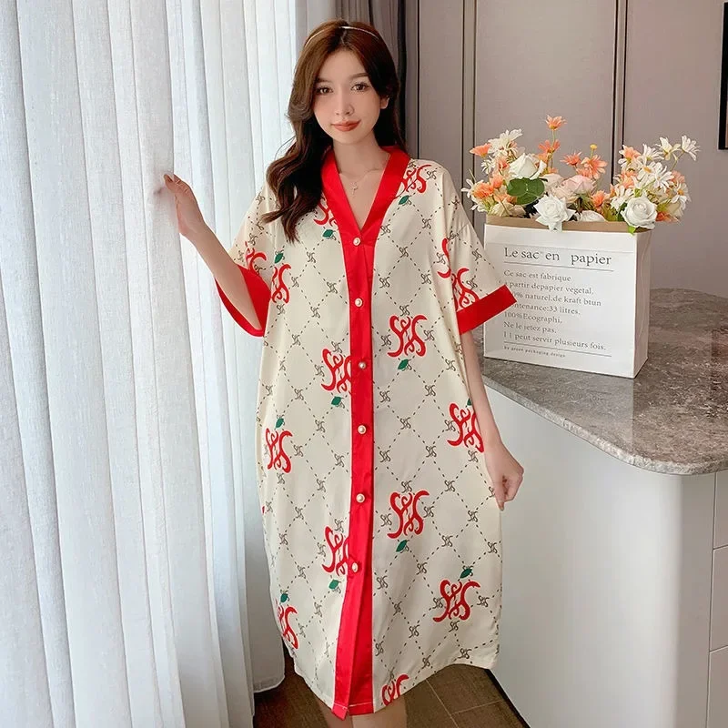 Summer Nightdress Women Ice Silk Short Sleeves Sleepwear Sweet Cute Loose Plus Size Mid-length V-neck Loose Loungewear New 2024