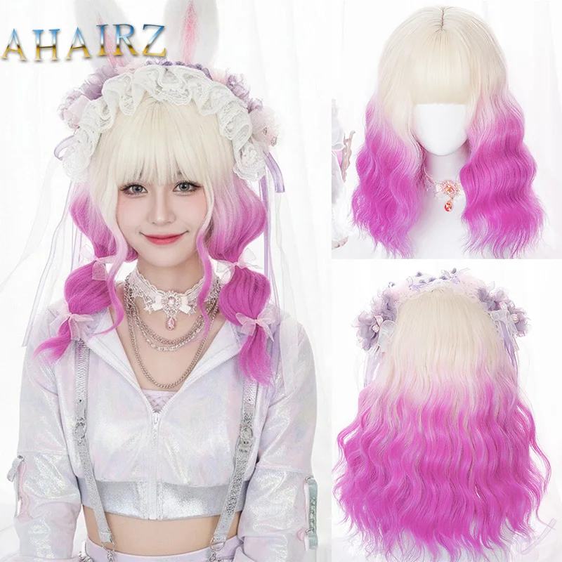 

Synthetic Wigs Long Curly Gradient Rose Pink Wigs With Bangs For Women Lolita Party Cosplay Eryuan Fake Hair