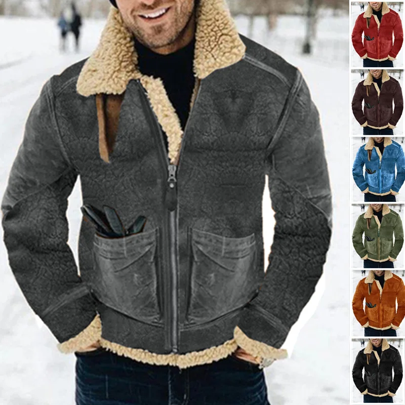 

Street New Leather and Fur Men's Coat Thickened Lamb Wool Mid-Length Faux Leather Jacket Seven Colors Size 8