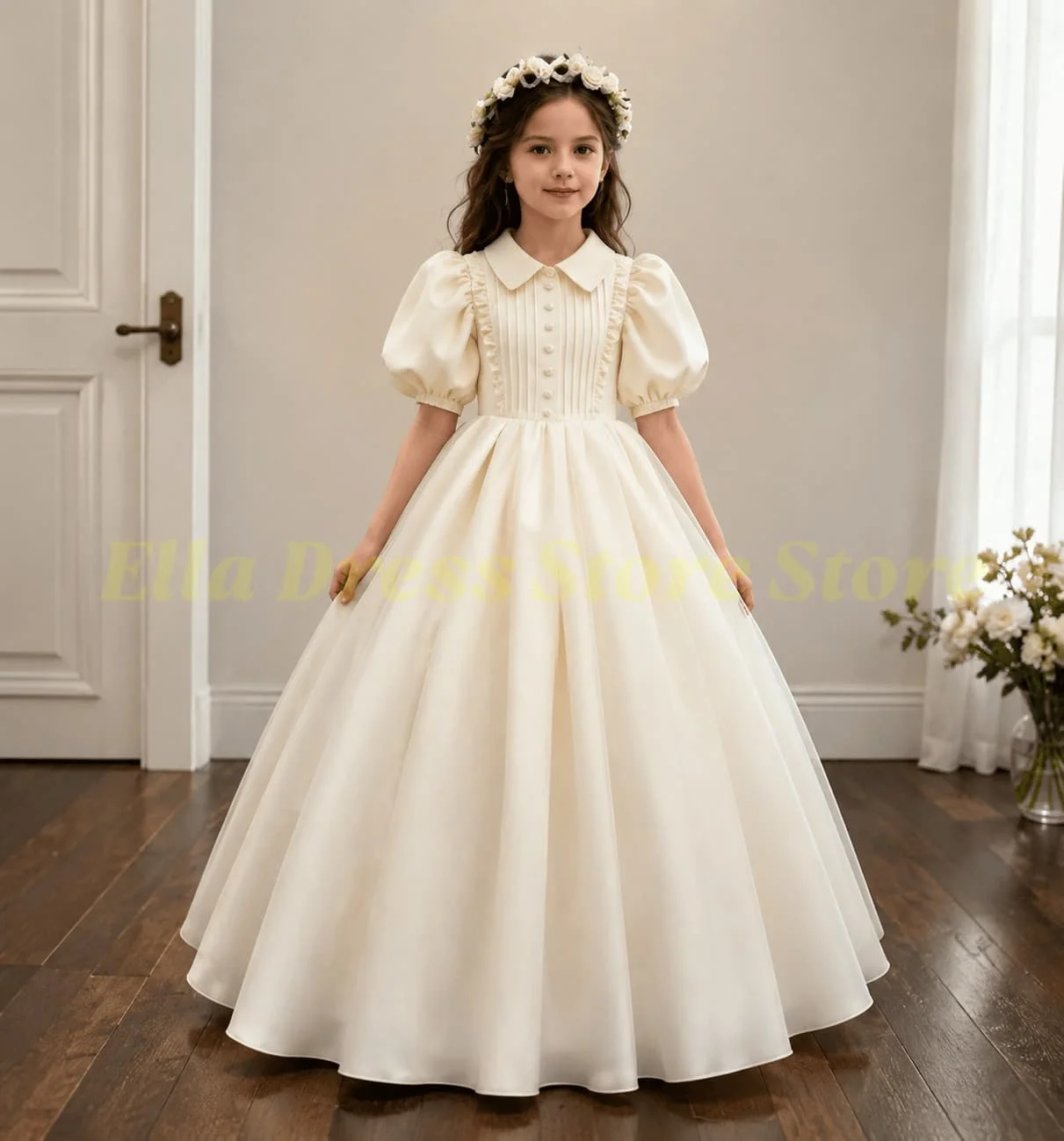 Blumenmädchenkleid für Hochzeitsfeier Kleinkinder Hochgeschlossenes Ballkleid mit Ballonärmeln Plissiertes Satin Erstkommunionkleid Maßanfertigung – Detail 1