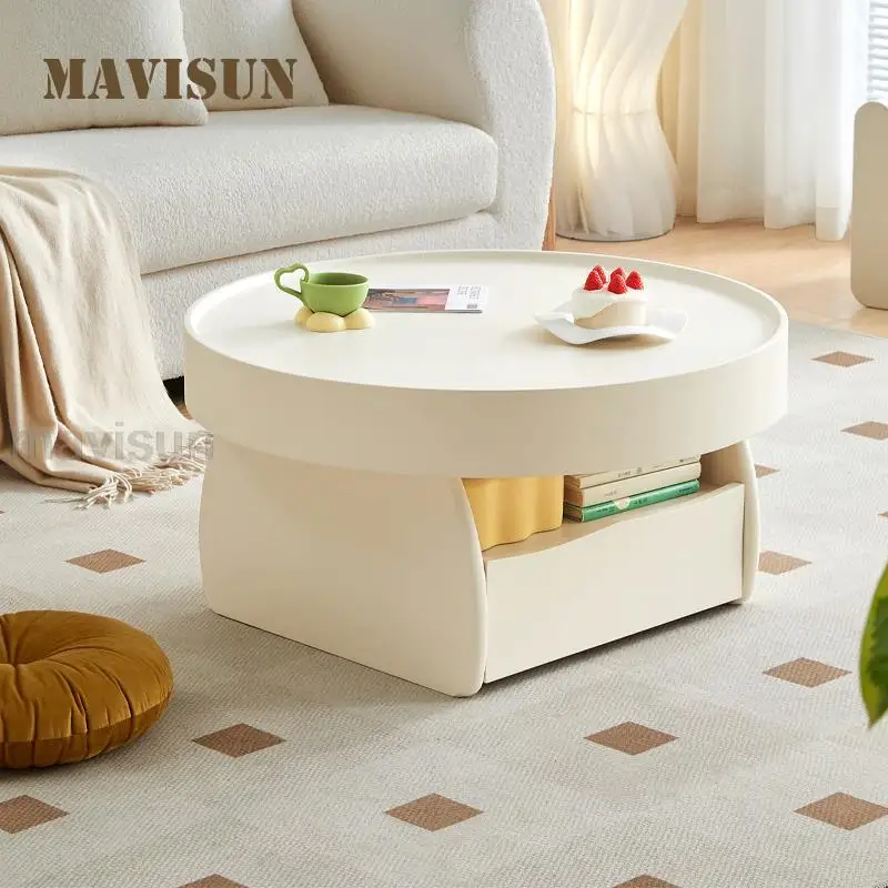 

Creamy Style Round Tea Table With Capacity Drawer Simplicity Living Room Furniture Modern Solid Wood Coffee Tables In White