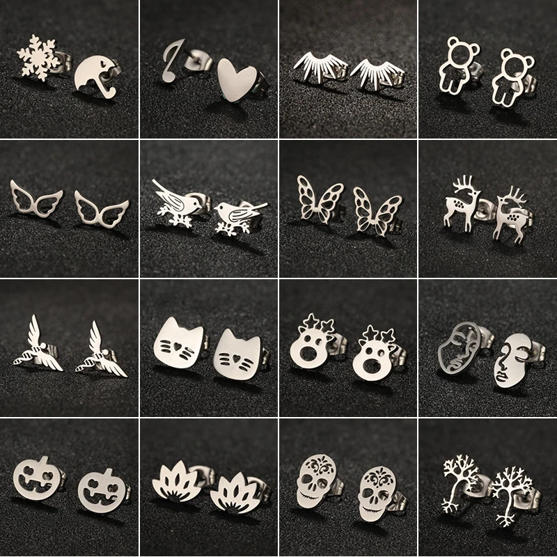 Mehrere Edelstahl-Tierohrringe für Damen: Modische Hirsch-, Vogel-, Katzenohrringe, Totenkopf-, Lotus-Ohrstecker, Knorpelpiercing-Schmuck
