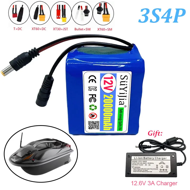 

Fishing Battery 12v 3S4P 20Ah Portable 12V Battery Rechargeable Lithium Ion Battery Pack Capacity DC 12.6v Cam Monitor+Charger