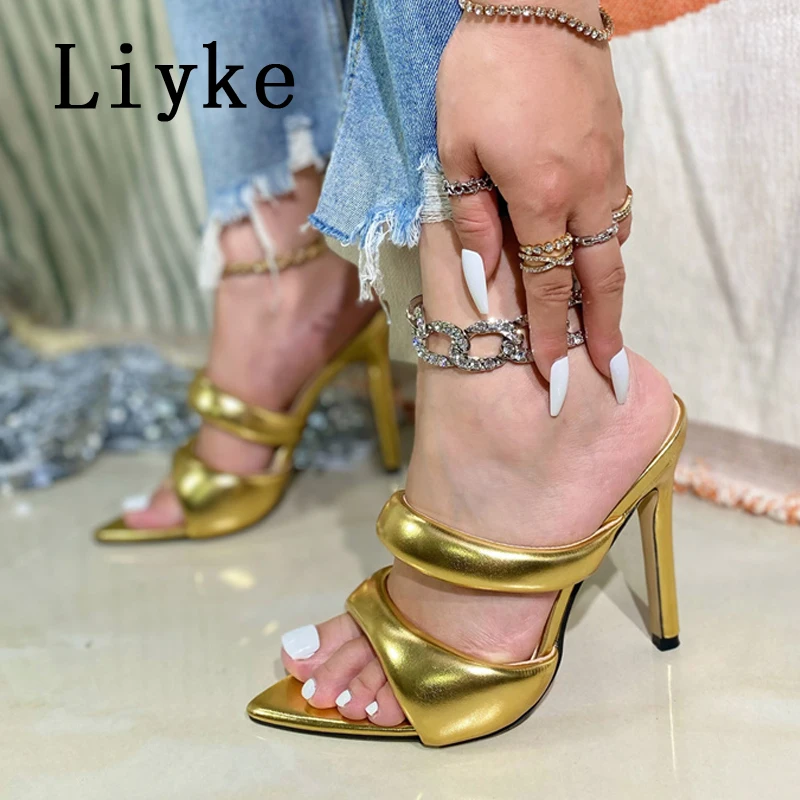 Liyke Sexy High Heels Slipper For Women Summer Cozy PU Leather Narrow Band Pointed Toe Slides Stripper Party Sandal Mule Shoes