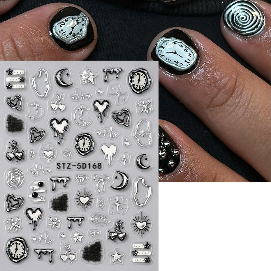 2pcs Silver Heart Clock Nail Stickers Decals 3D Moon Star Bow Pattern Sticker for Nails Y2K Charms Nail Art Decorations Manicure