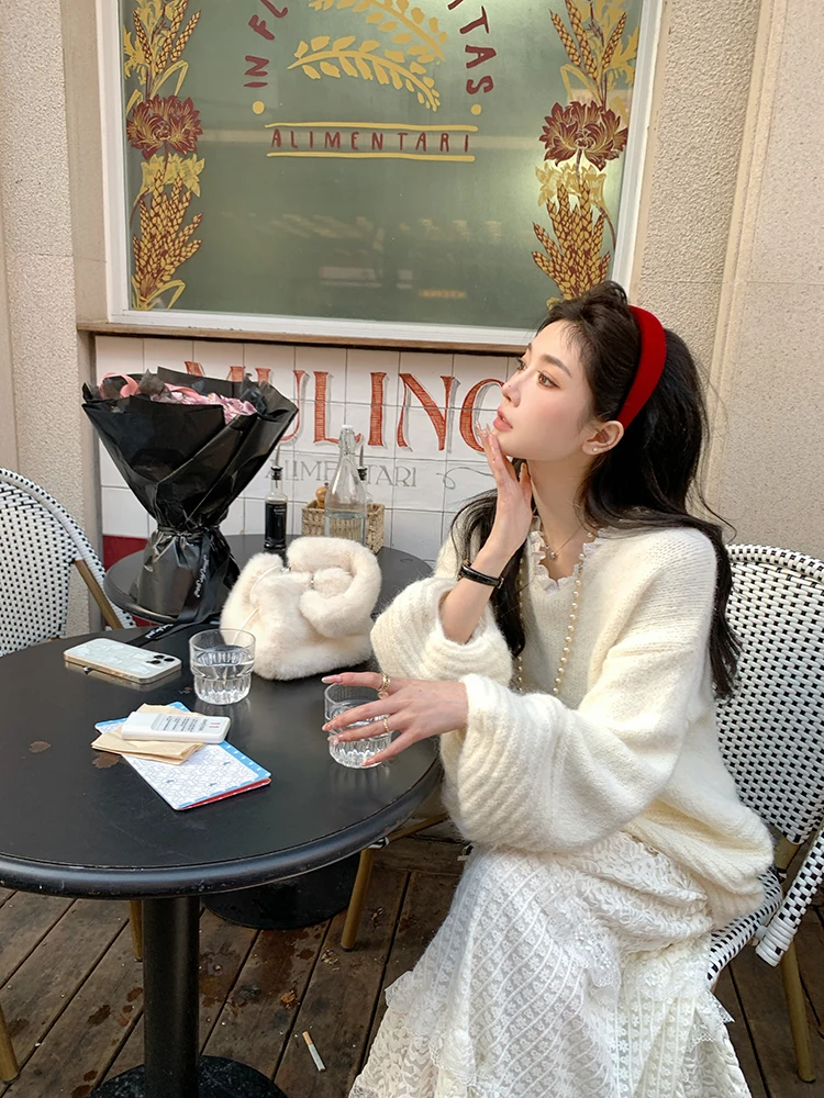 

Женский свободный вязаный свитер Chen Dayu Thiened Lantern Sve с V-образным вырезом, белый, теплый, зимний, термо, с длинными рукавами