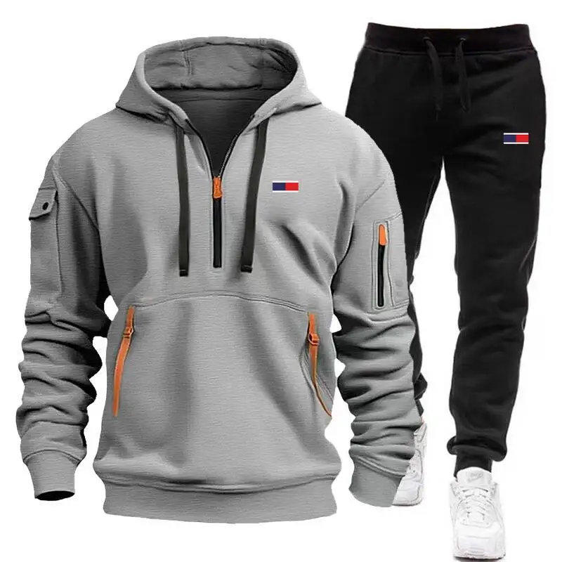 New Men\'s Sets Tracksuit Hoodie Pants Arm Pocket Zipper Fashion Outdoor Jogging Sportswear Designer Clothing Man Suit Large Size