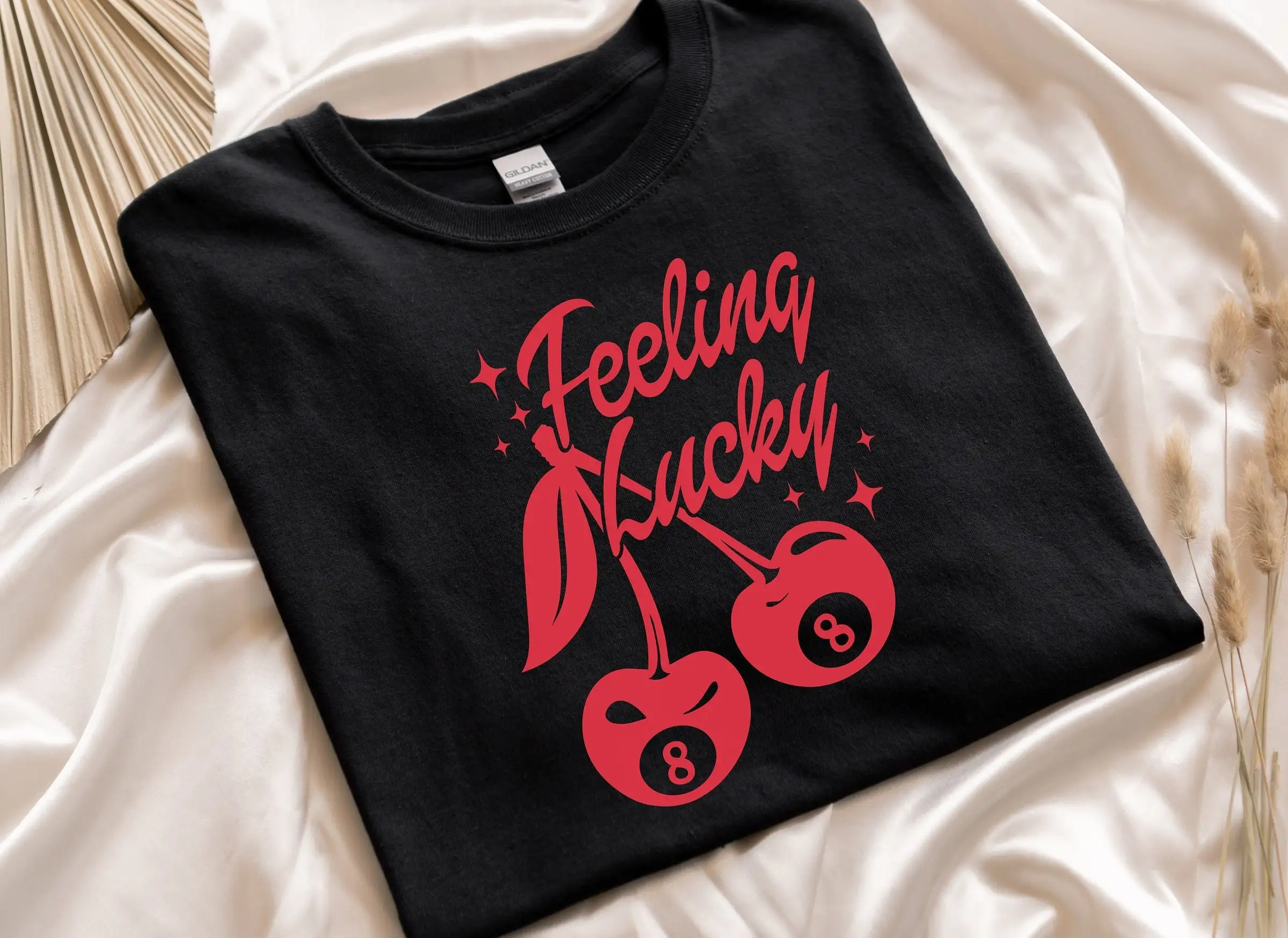 Feeling Lucky T Shirt You Cherry 8 Ball Vintage Retro Trendy Number