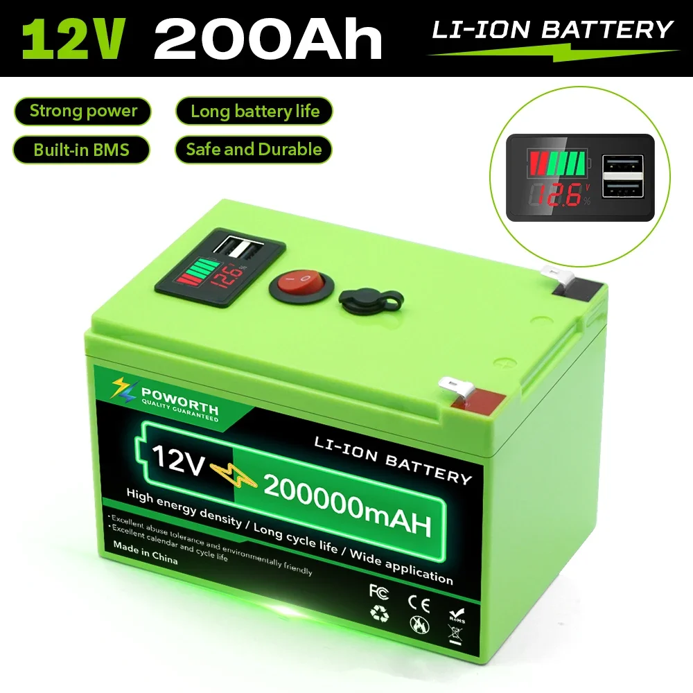 

LiFeP04 Аккумулятор 12 В 200 Ач Литиевая аккумуляторная батарея, глубокий цикл LiFePO4 с BMS для эхолота, солнечной батареи, скутеров