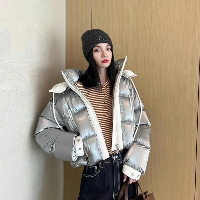 Overcoat Fashion Warm Hooded Loose Solid Color Women Down Jacket 2025 Winter White Duck Down Short Silver Women Down Jacket H251