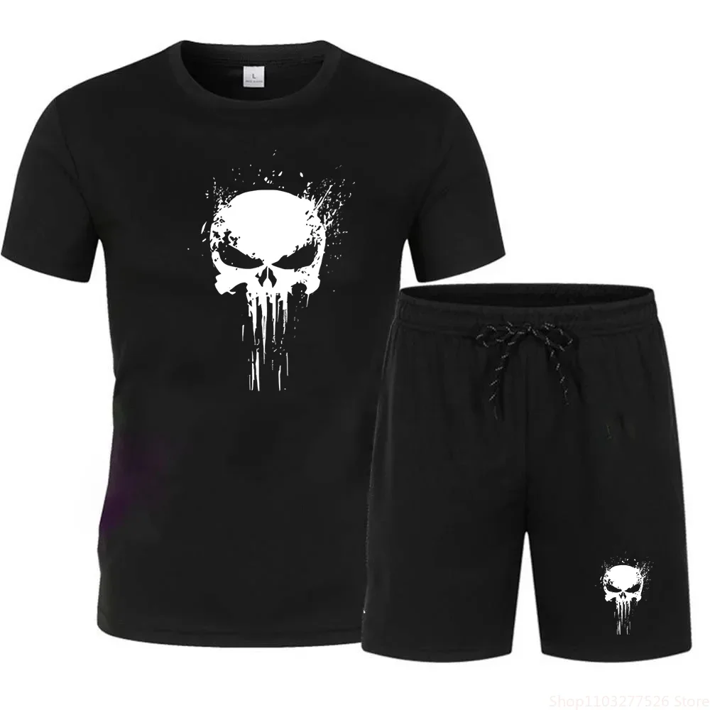 Men\'s skull printed sportswear, short sleeved T-shirt and shorts, two piece set of sportswear for cycling and jogging