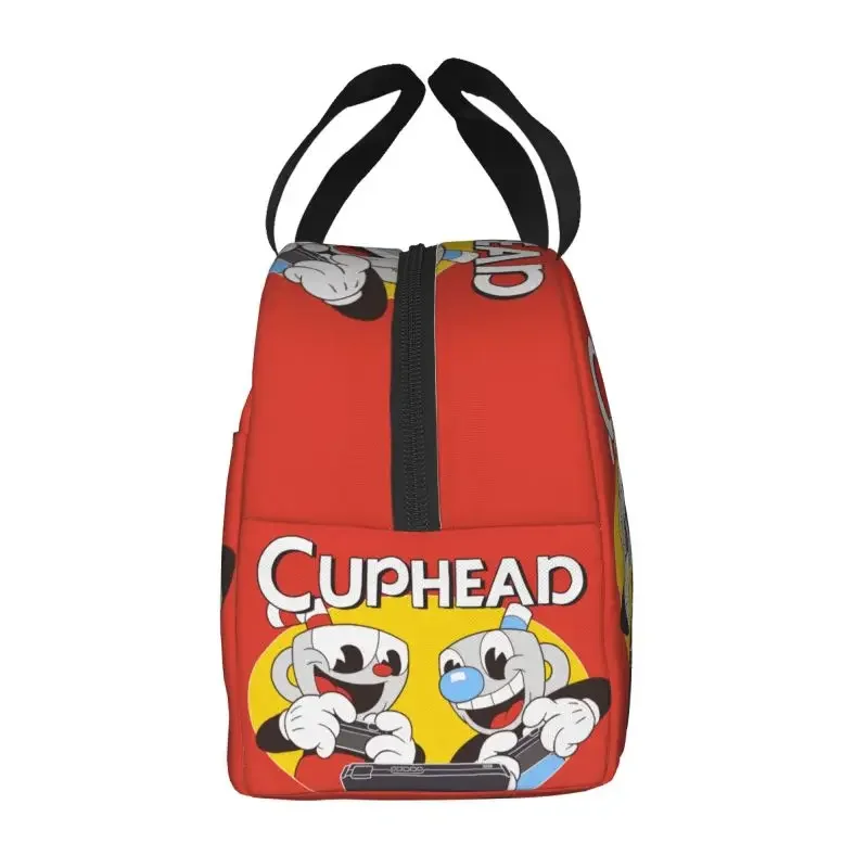 Sacos de almoço isolados para mulheres, Cuphead e Mugman, refrigerador térmico reutilizável, caixa de alimentos, trabalho, escola, viagem