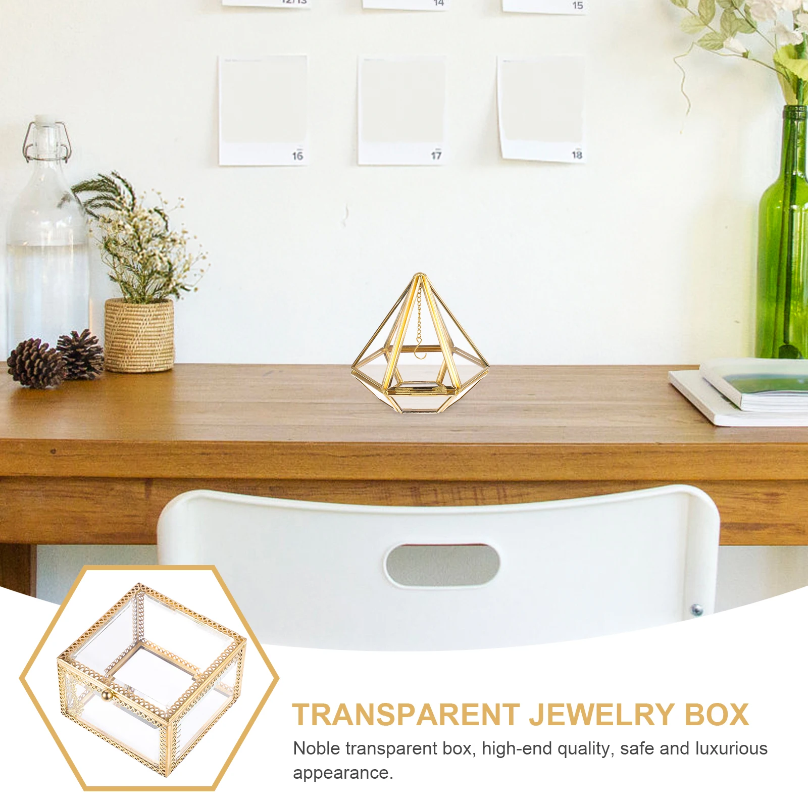 

Hexagonal Pointed Glass Box Elegant Jewelry Ring and Bracelet Storage Ornament Tower Shape Retro Case Brass Holder Classic