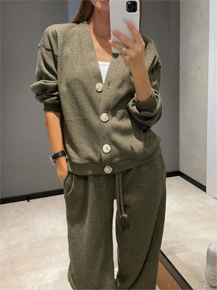 

Autumn Winter Women's Clothing Fashion Single Breasted Casual Sports Suit Cardigan Top Lace Up Pants Two-piece Set Women