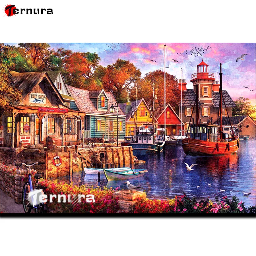 Harbour building landscape bicycle 5d Diamond Painting embroidery full square diamond mosaic Cross Stitch rhinestone gift Decor