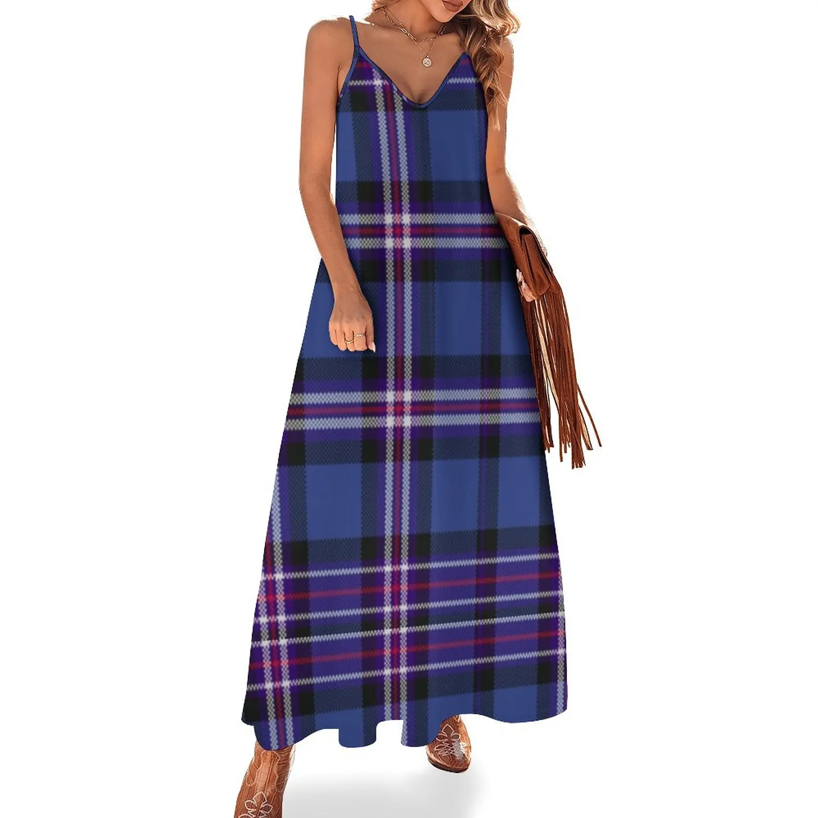 

Tartan of Rangers Scotland blue background with red white and blue lines and black Sleeveless Dress luxury woman evening dress