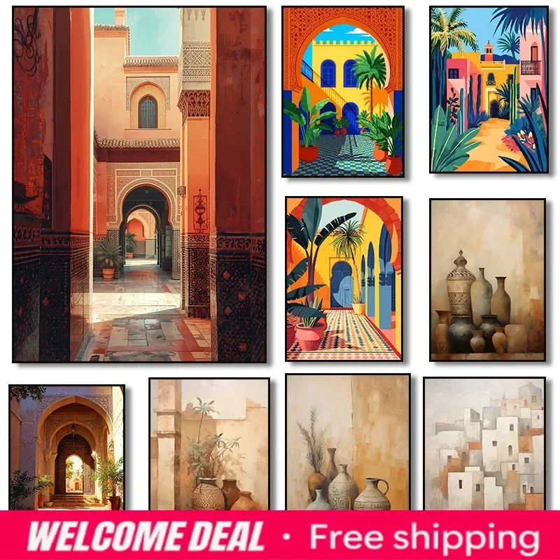 Vintage Vases and Plant Moroccan Courtyard Mediterranean Village Poster Canvas Painting Print Wall Art Picture Room Home Deco