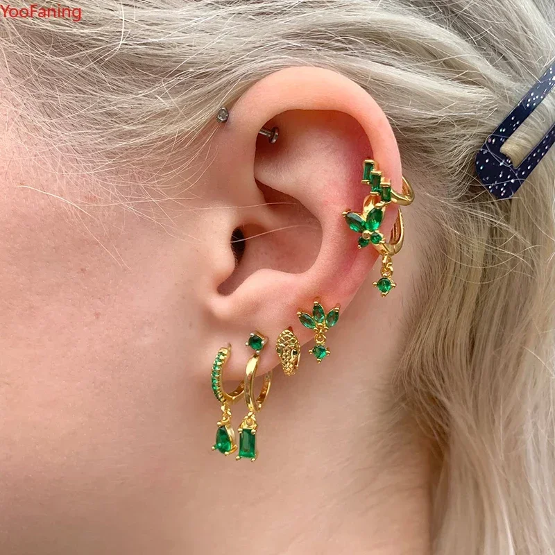 925 Sterling Silver Ear Buckle Green Series Crystal Cube Zircon Pendientes Hoop Earring Fashion Premium Huggie Jewelry For Women