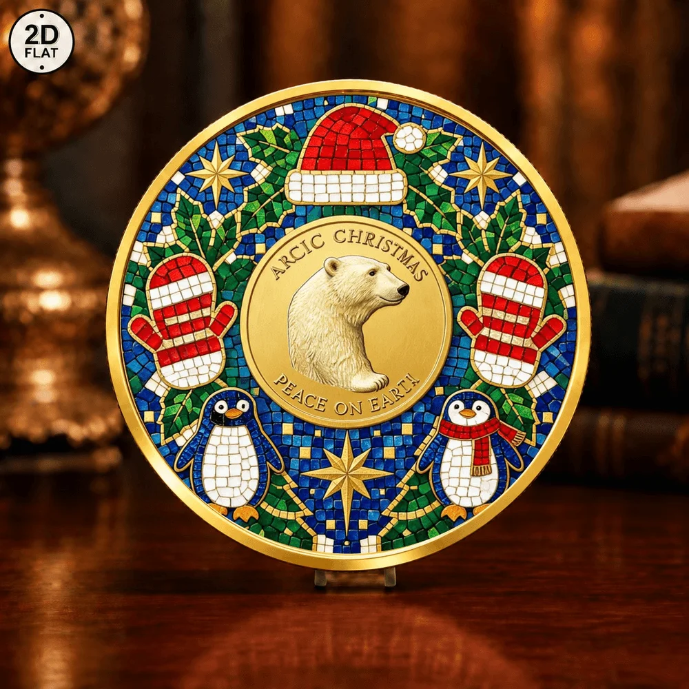 1pc Christmas Arctic Snowman Commemorative Coin UV Print Penguin Polar Bear Mosaic Challenge Coin Collectible Holiday Keepsakes