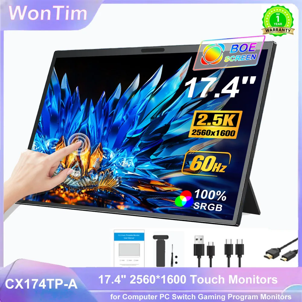 WonTim 17.4'' 2.5K  Portable Monitor 100%DCI-P3 2560x1600p 400nits HDR Gaming Display for PC Laptop Phone Switch PS5 Xbox Mac