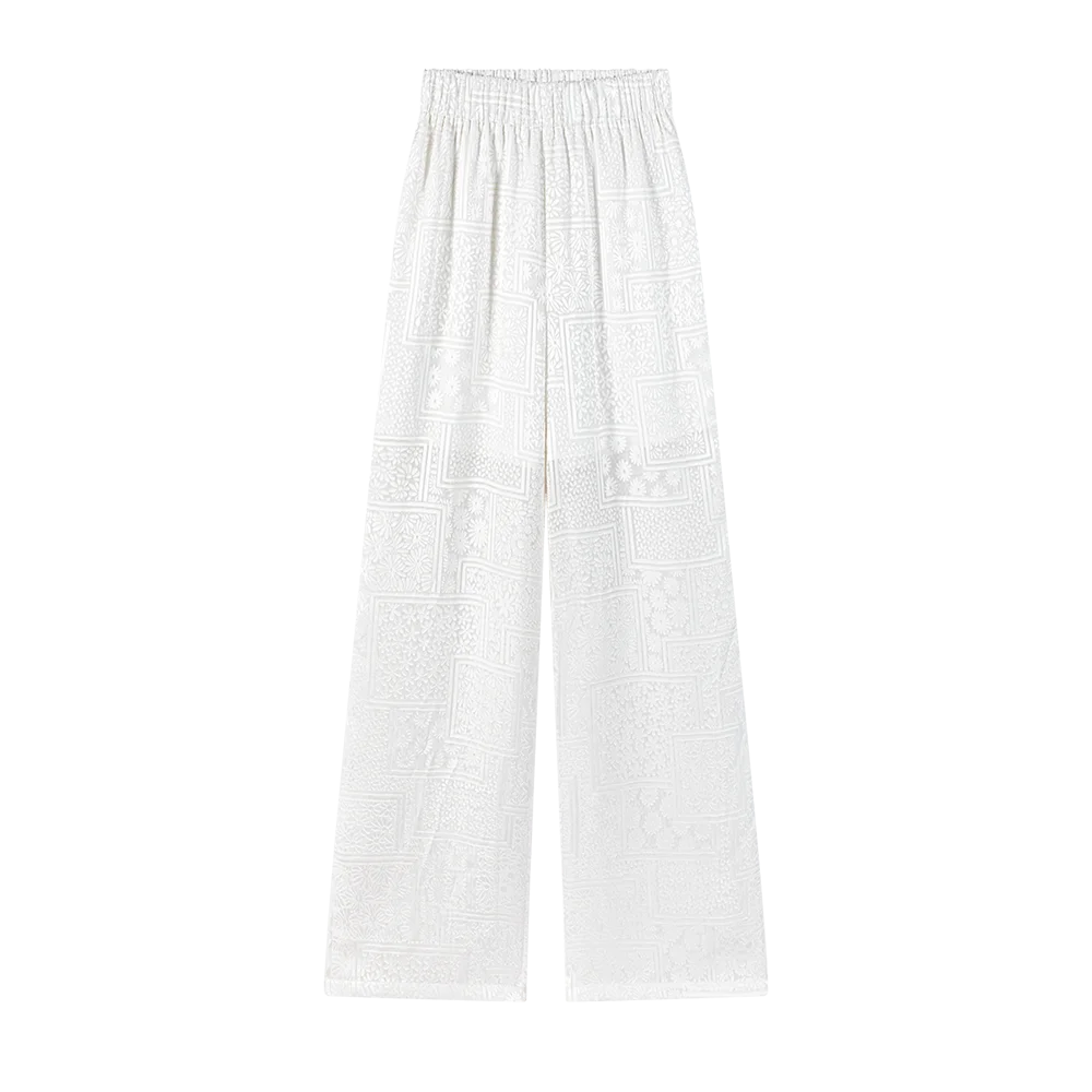 White Cut Flower Fairy Pants Elastic Waist Straight Pants for Women