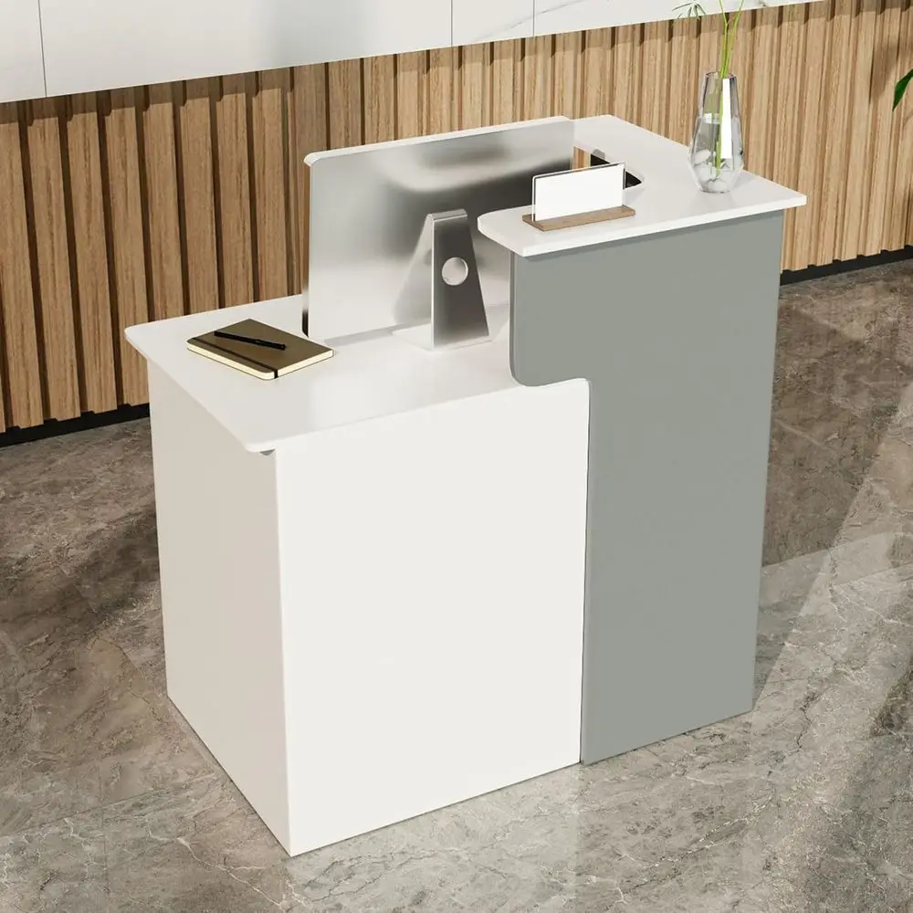 

Г-образный офисный стол с запирающимся ящиком и местом для хранения вещей, современный стол для приемной, белый и серый, 39,4 л x 23,6 В x 39,4 ч