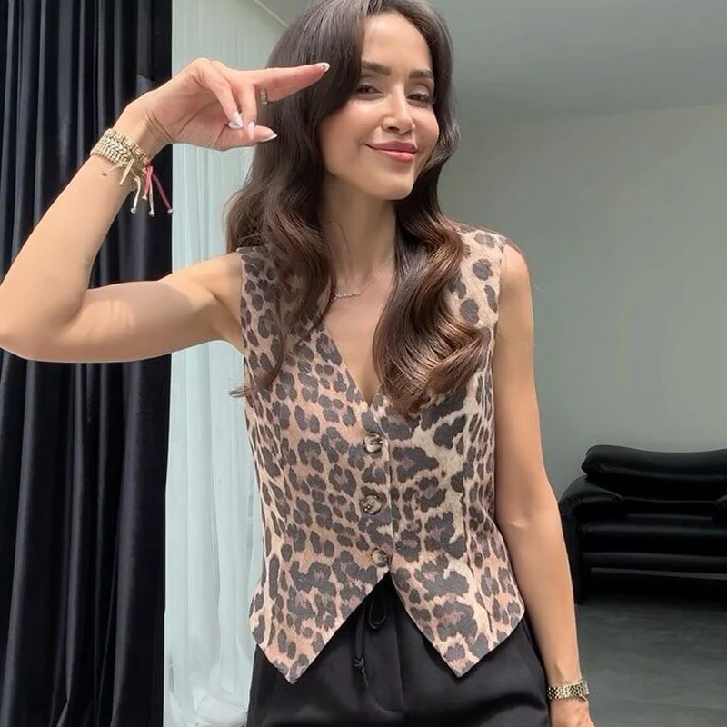 

Leopard Women Vest Vintage Sleeveless Vest Woman Outerwears Animal Print Cropped Suit Vest V Neck Waistcoat Short Coats