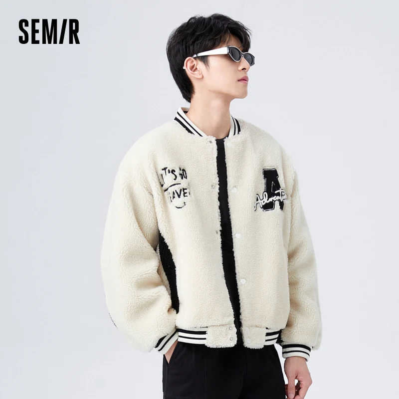 Semir Jacket Men Winter Imitation Lamb Wool Warm Loose Baseball Uniform Fashion Embroidered Contrasted Color Daily Casual Jacket