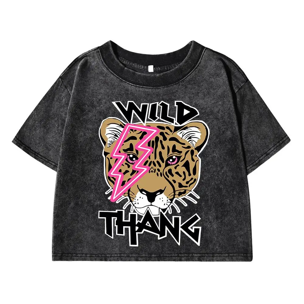 Wild Tiger Cartoon Print Women Washed Short Tshirts Summer Fashion T-Shirt Breathable O-Neck Tee Shirts Soft Oversize Clothes