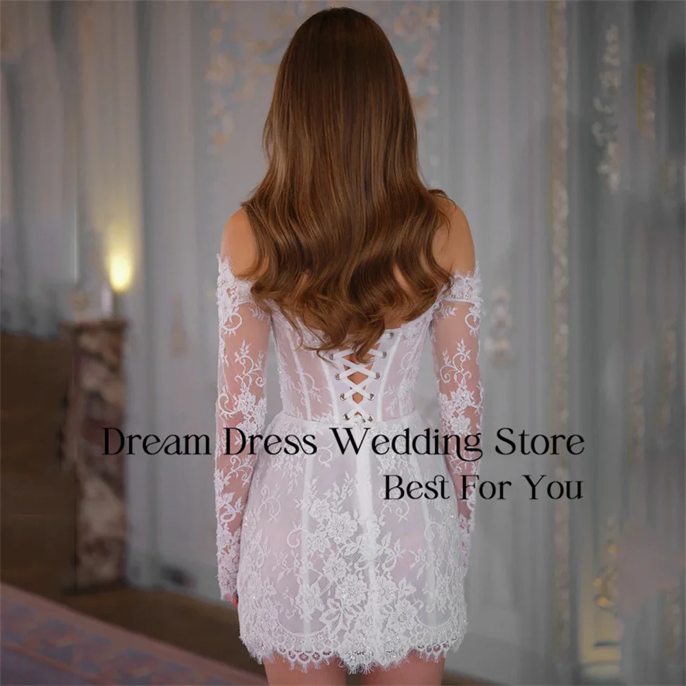 DREAM Long Sleeve Lace Mini Wedding Dress Sheath Off The Shoulder Sweetheart Lace-up Bridal Gown Vestidos De Novia Customized